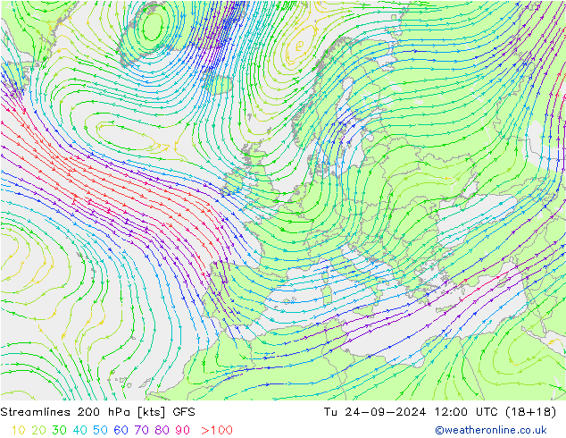 Streamlines 200 hPa GFS Út 24.09.2024 12 UTC