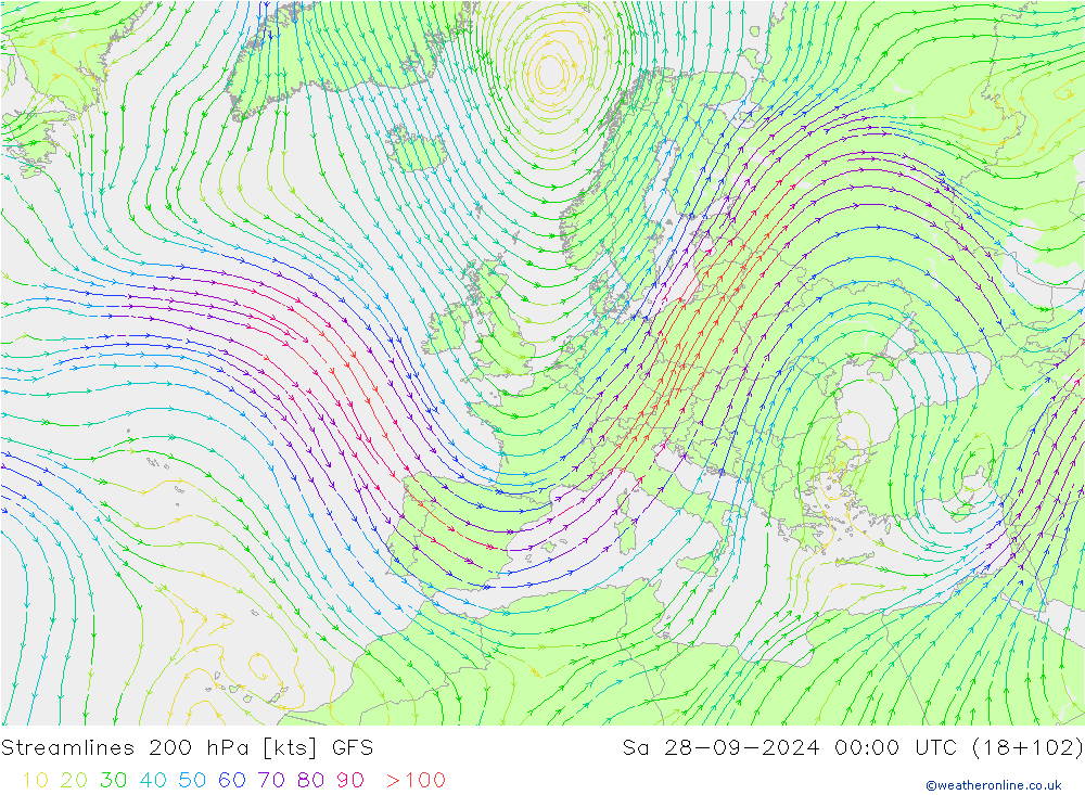 Stromlinien 200 hPa GFS Sa 28.09.2024 00 UTC