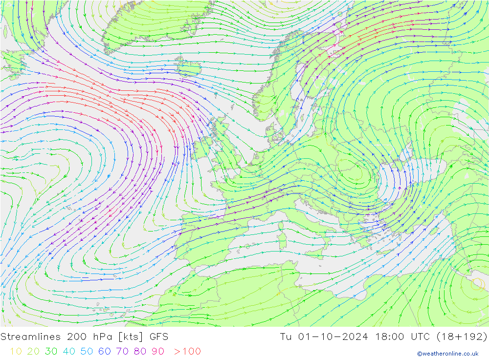 Linha de corrente 200 hPa GFS Ter 01.10.2024 18 UTC