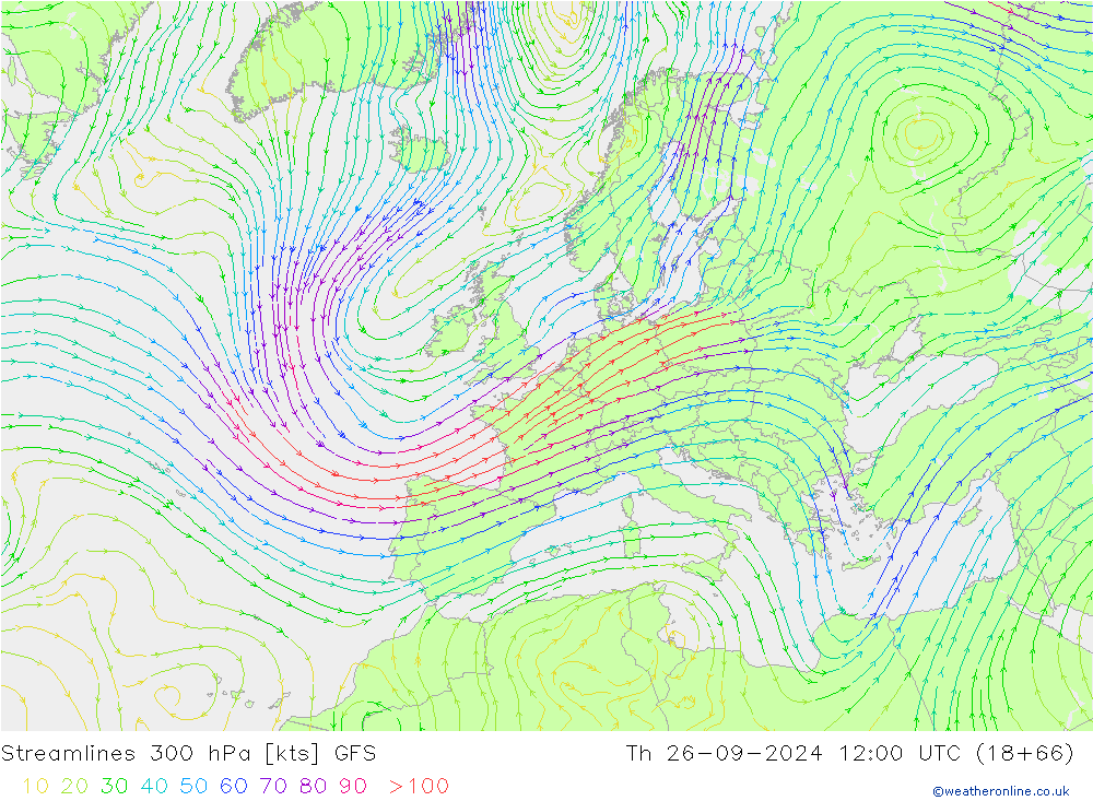 Linea di flusso 300 hPa GFS gio 26.09.2024 12 UTC