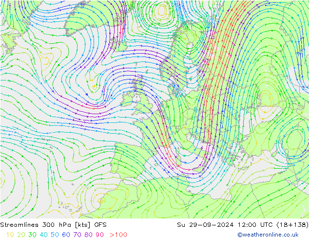 Streamlines 300 hPa GFS Su 29.09.2024 12 UTC