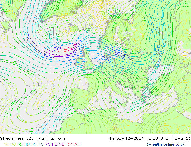 Streamlines 500 hPa GFS Th 03.10.2024 18 UTC