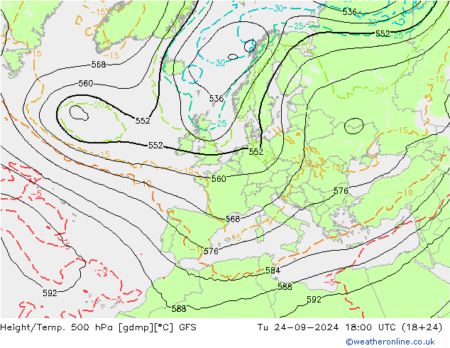 Z500/Rain (+SLP)/Z850 GFS  24.09.2024 18 UTC