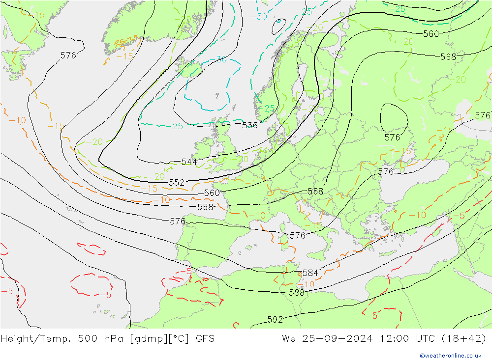 Height/Temp. 500 hPa GFS We 25.09.2024 12 UTC