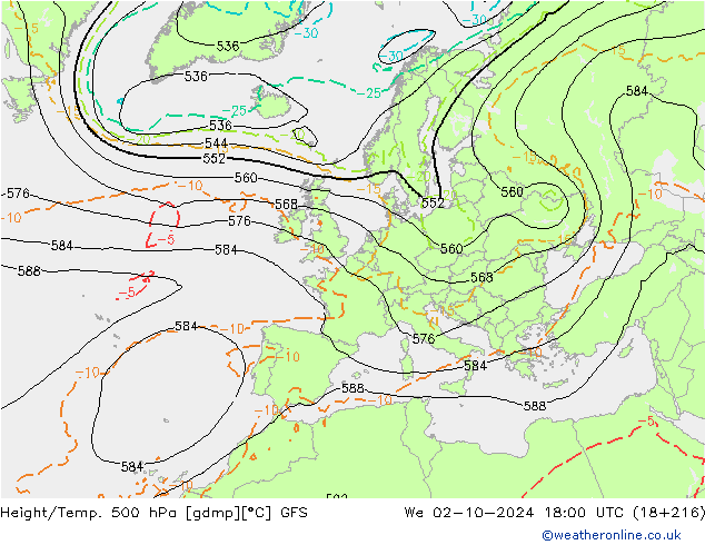 Z500/Yağmur (+YB)/Z850 GFS Çar 02.10.2024 18 UTC