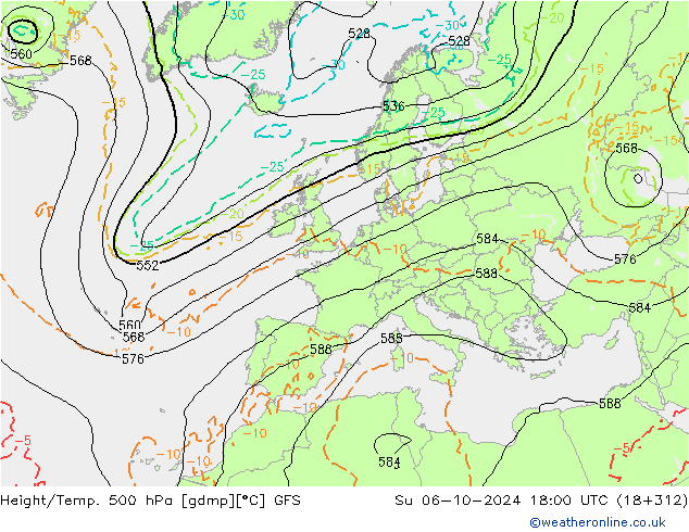 Z500/Rain (+SLP)/Z850 GFS dom 06.10.2024 18 UTC