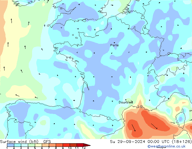 Vento 10 m (bft) GFS dom 29.09.2024 00 UTC