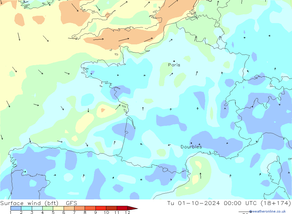 wiatr 10 m (bft) GFS wto. 01.10.2024 00 UTC