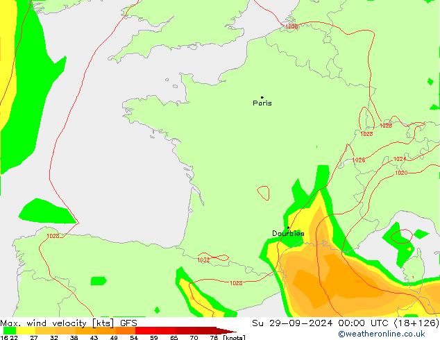 Max. wind velocity GFS Su 29.09.2024 00 UTC