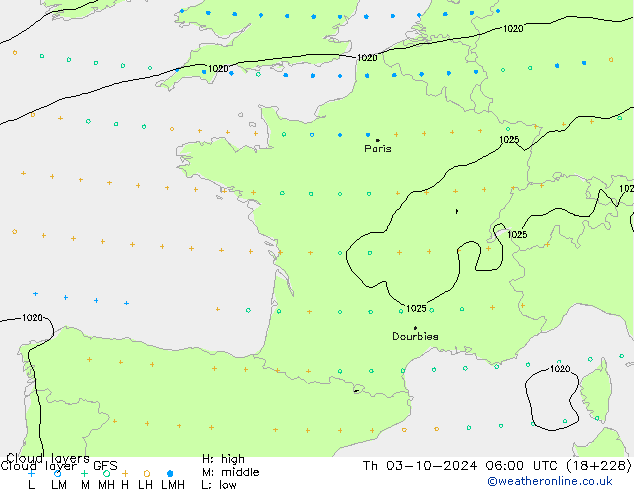 Cloud layer GFS Th 03.10.2024 06 UTC