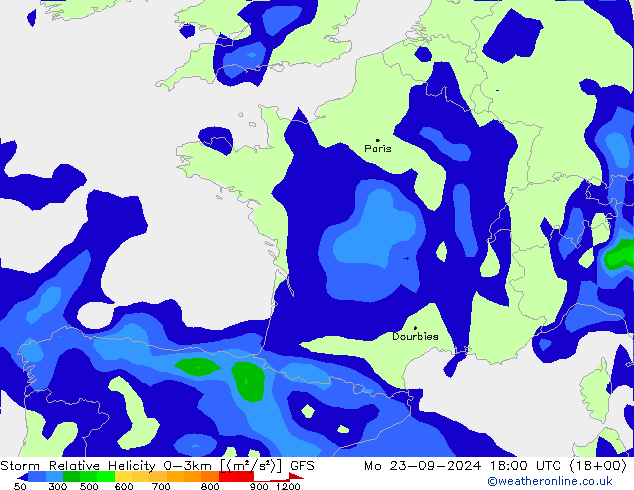 Storm Relative Helicity GFS Mo 23.09.2024 18 UTC