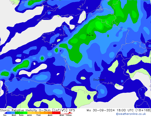 Storm Relative Helicity GFS lun 30.09.2024 18 UTC