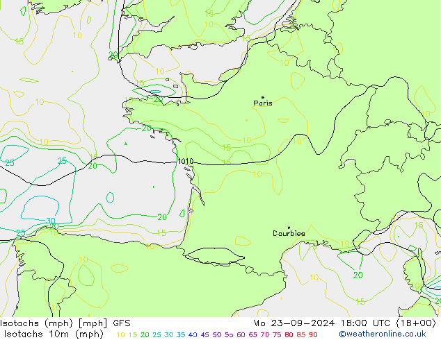 Isotachs (mph) GFS lun 23.09.2024 18 UTC