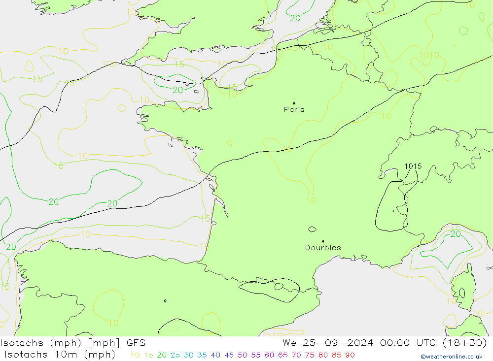 Izotacha (mph) GFS śro. 25.09.2024 00 UTC