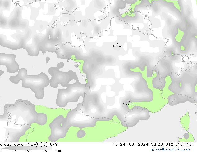 Cloud cover (low) GFS Tu 24.09.2024 06 UTC