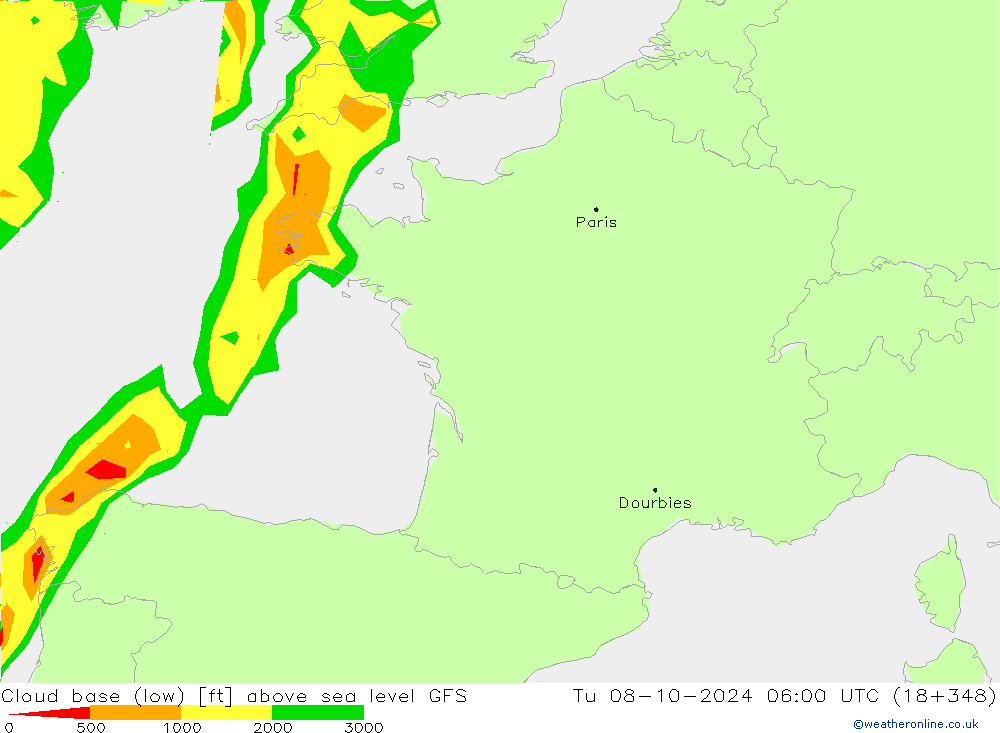 Cloud base (low) GFS Tu 08.10.2024 06 UTC