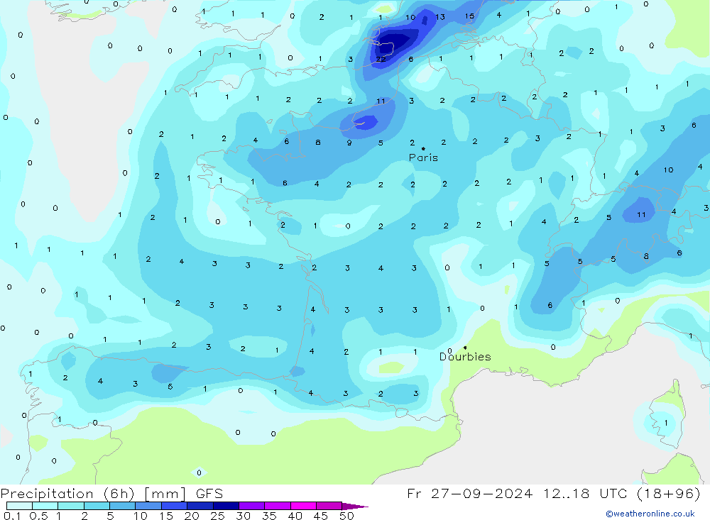 Precipitation (6h) GFS Fr 27.09.2024 18 UTC