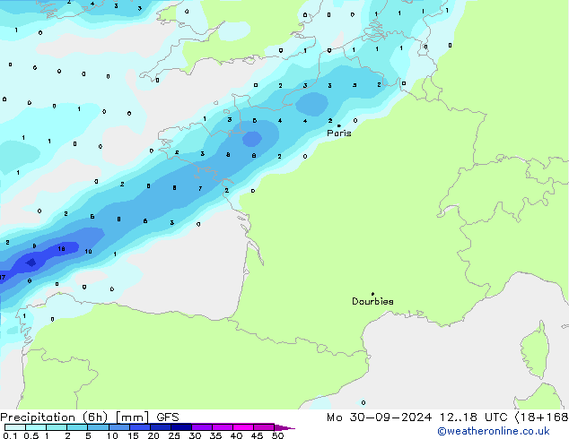 Precipitation (6h) GFS Mo 30.09.2024 18 UTC