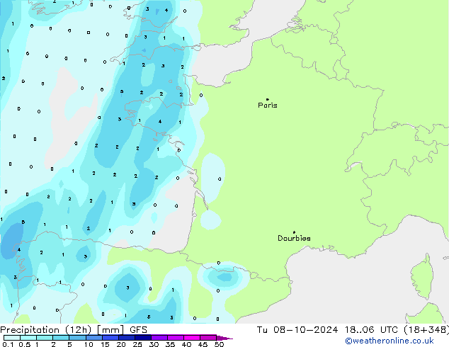 Totale neerslag (12h) GFS di 08.10.2024 06 UTC