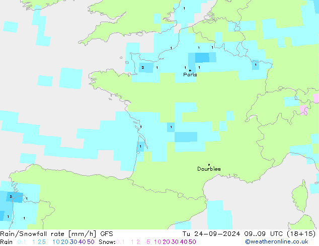 Rain/Snowfall rate GFS Tu 24.09.2024 09 UTC