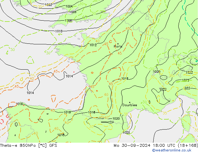 Theta-e 850hPa GFS pon. 30.09.2024 18 UTC