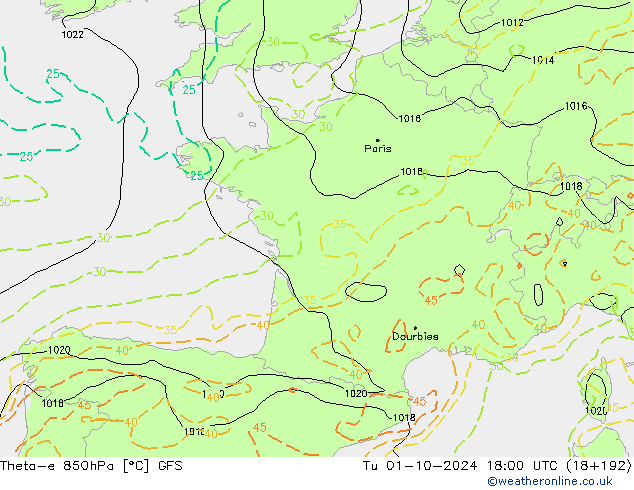 Theta-e 850hPa GFS Sa 01.10.2024 18 UTC