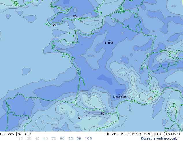 Humedad rel. 2m GFS jue 26.09.2024 03 UTC