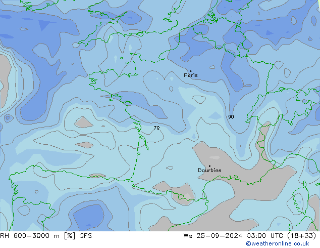 RH 600-3000 m GFS Qua 25.09.2024 03 UTC