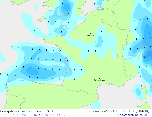 Precipitation accum. GFS Út 24.09.2024 00 UTC