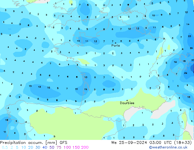 Precipitation accum. GFS śro. 25.09.2024 03 UTC