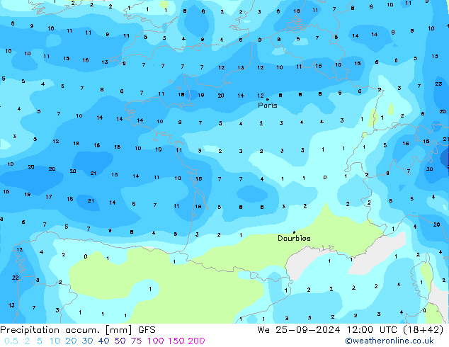 Precipitation accum. GFS We 25.09.2024 12 UTC