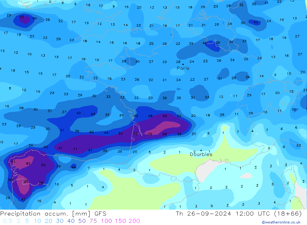 Precipitation accum. GFS Th 26.09.2024 12 UTC