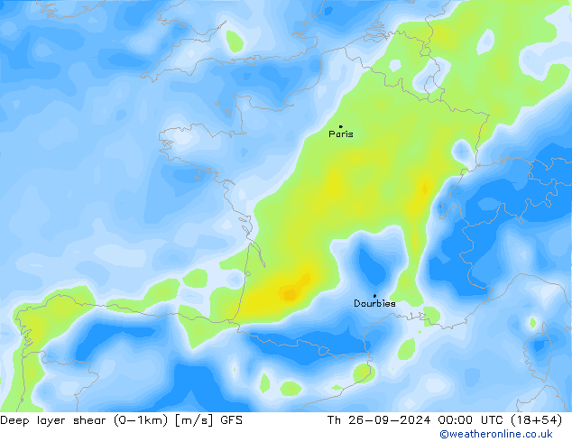 Deep layer shear (0-1km) GFS  26.09.2024 00 UTC