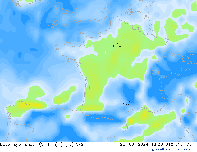 Deep layer shear (0-1km) GFS  26.09.2024 18 UTC