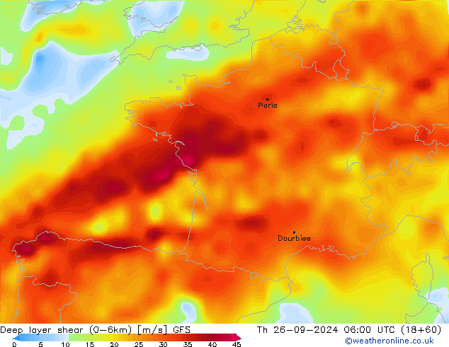 Deep layer shear (0-6km) GFS Do 26.09.2024 06 UTC