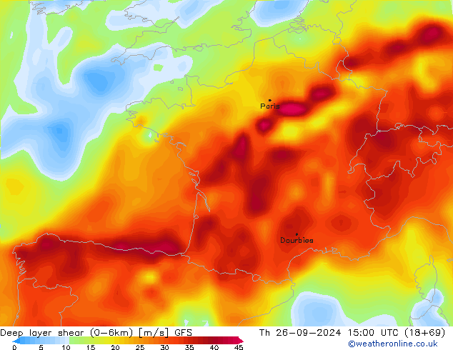 Deep layer shear (0-6km) GFS Th 26.09.2024 15 UTC