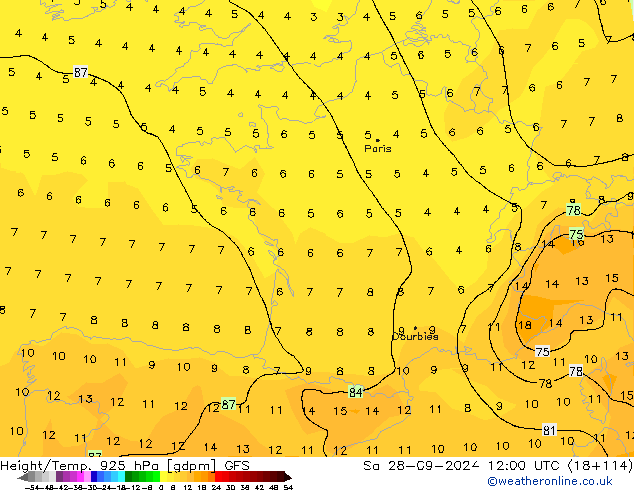 Géop./Temp. 925 hPa GFS sam 28.09.2024 12 UTC