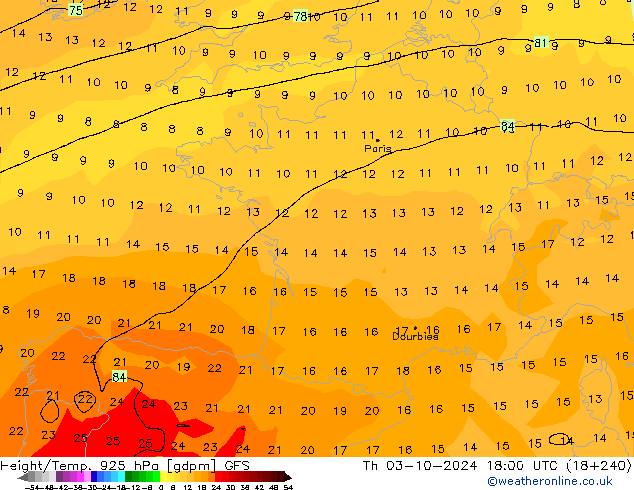 Yükseklik/Sıc. 925 hPa GFS Per 03.10.2024 18 UTC