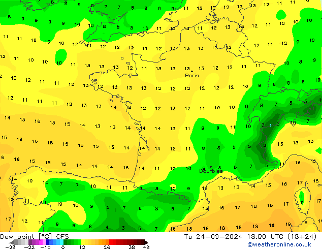 Dew point GFS Tu 24.09.2024 18 UTC