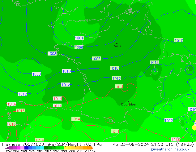 Dikte700-1000 hPa GFS ma 23.09.2024 21 UTC