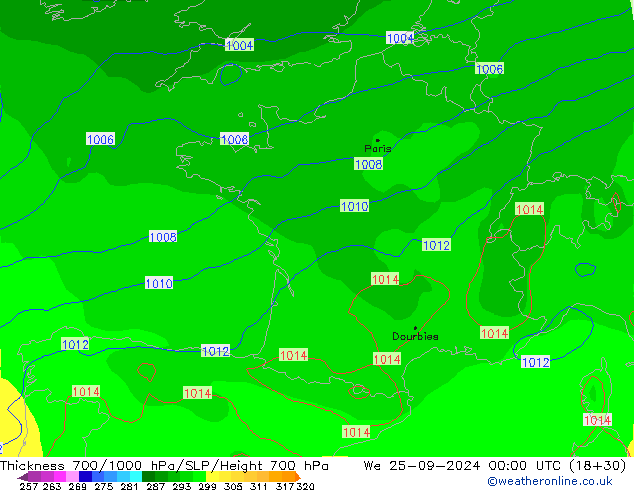 Thck 700-1000 hPa GFS We 25.09.2024 00 UTC