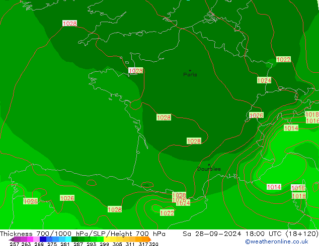 Thck 700-1000 hPa GFS So 28.09.2024 18 UTC