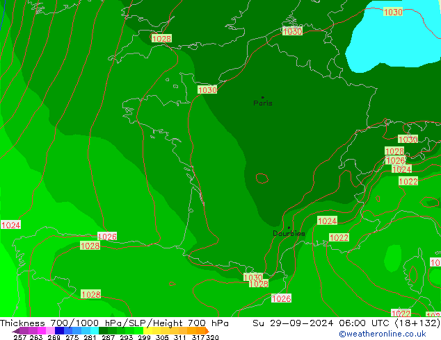 Thck 700-1000 hPa GFS dom 29.09.2024 06 UTC