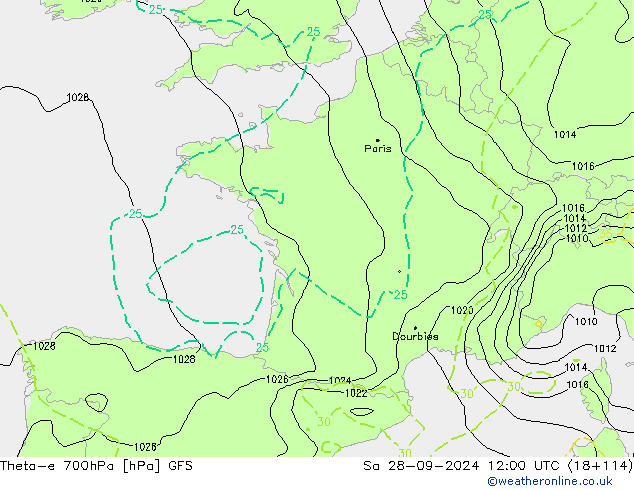 Theta-e 700hPa GFS Sáb 28.09.2024 12 UTC