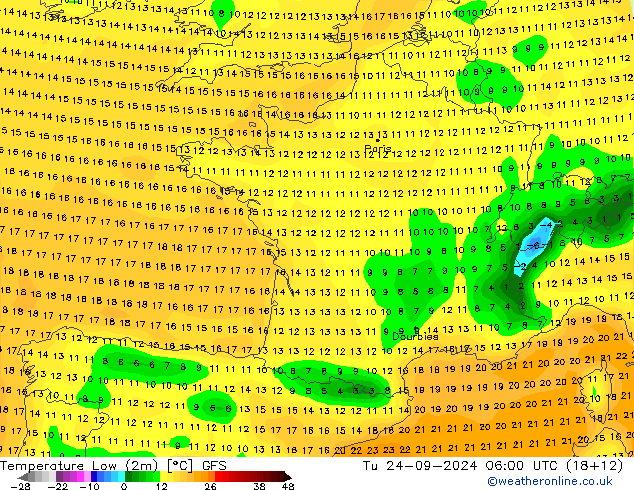 température 2m min GFS mar 24.09.2024 06 UTC