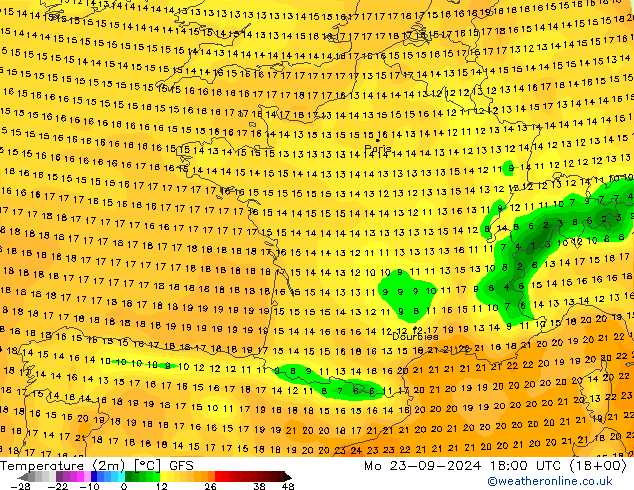 Temperatura (2m) GFS lun 23.09.2024 18 UTC