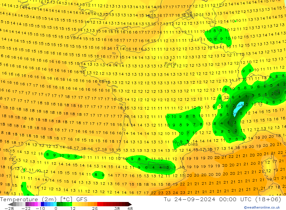 Temperature (2m) GFS Tu 24.09.2024 00 UTC