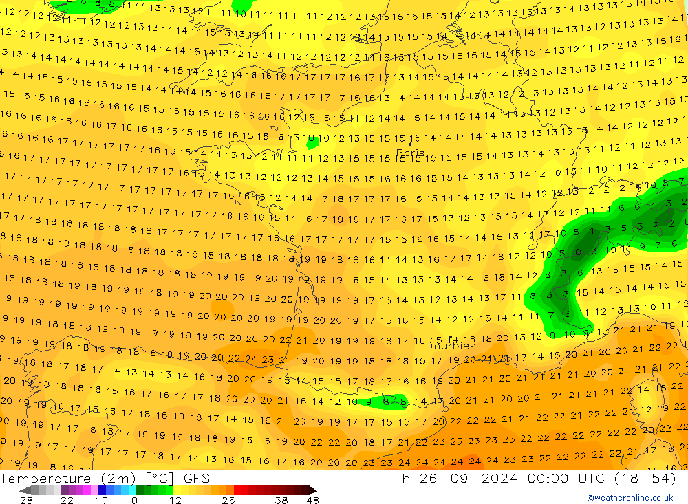 Temperatura (2m) GFS Qui 26.09.2024 00 UTC