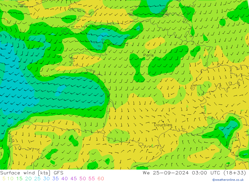 Surface wind GFS We 25.09.2024 03 UTC