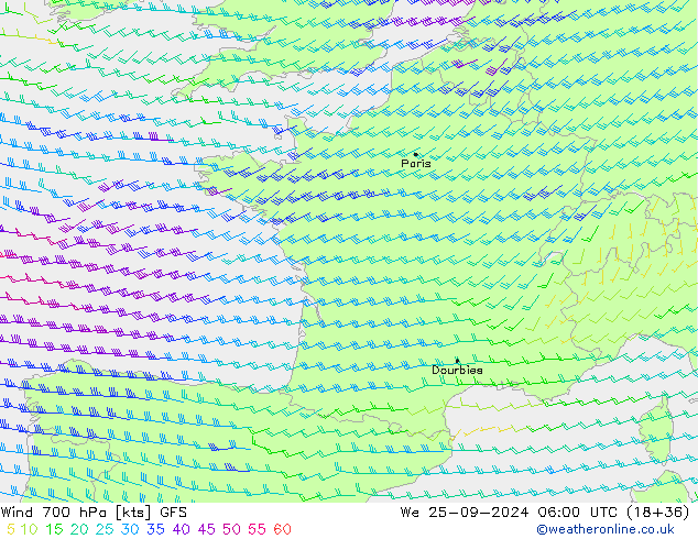 Wind 700 hPa GFS We 25.09.2024 06 UTC